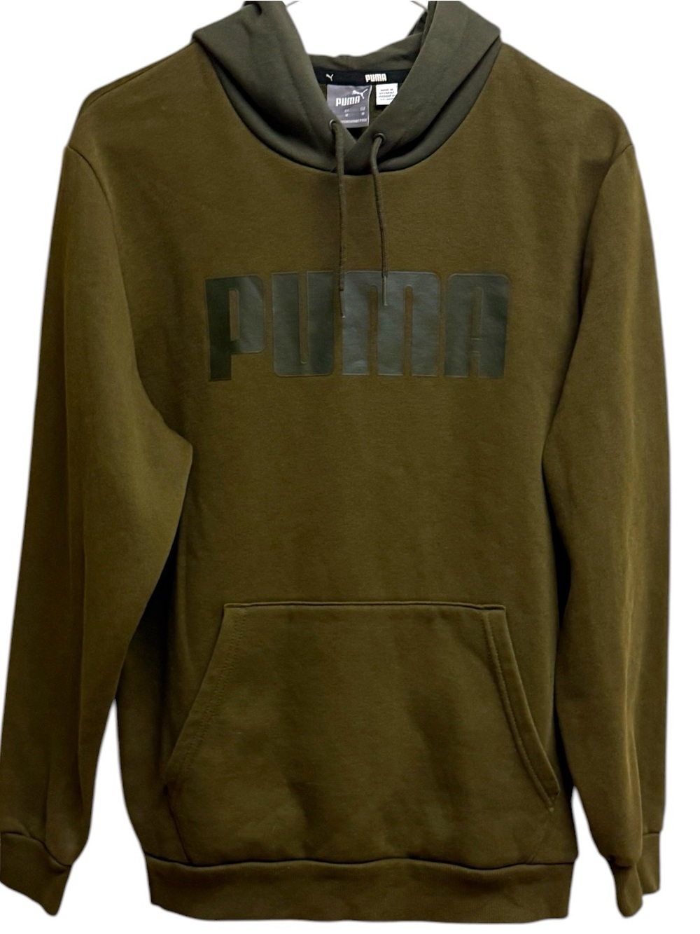 PUMA Men’s Essentials Tonal Logo Fleece Hoodie Olive Green Size M EUC